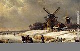 Waterway Canvas Paintings - Figures On A Frozen Waterway By A Windmill